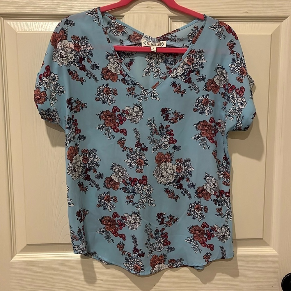 Pink Rose Floral Blouse - Blue and Red